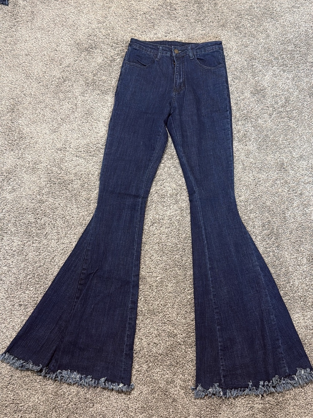Dark Blue Flared Women's Jeans with Frayed Hem
